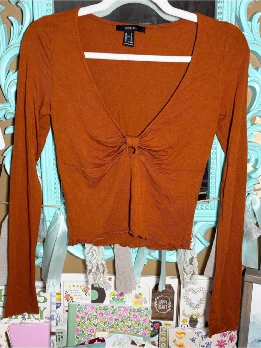 Forever 21 Burnt Orange Long Sleeve Deep V-Neckline Top Shirt Sz.S Autumnal Fall